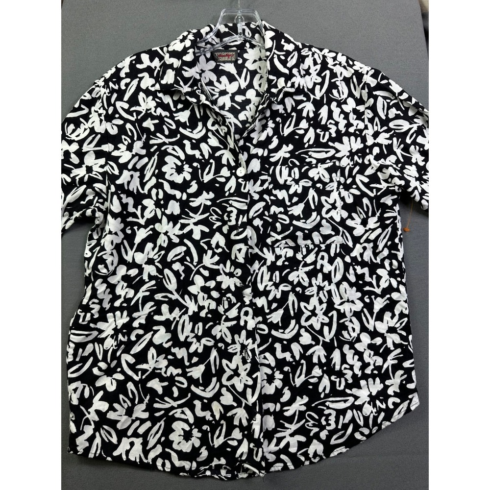 Marilyn Women's Black White Abstract Floral Button Down Short Sleeve Shirt L